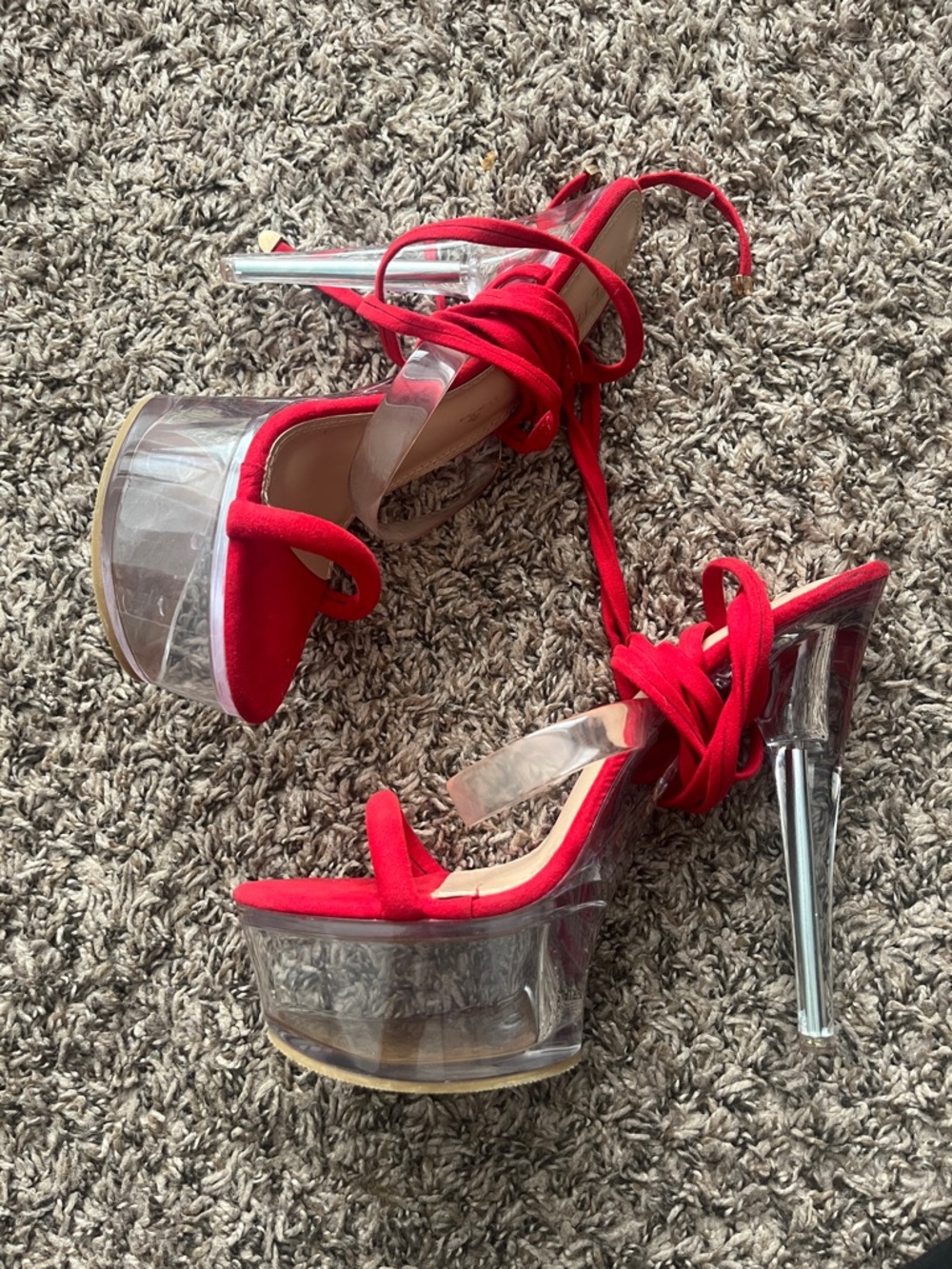 Liliana Red Lace-Up Clear Platform Heels